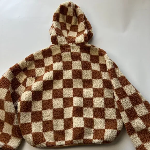 Gap Kids XL (12) Cream & Brown Checkered Hooded Fleece Pullover Jacket - Picture 6 of 8